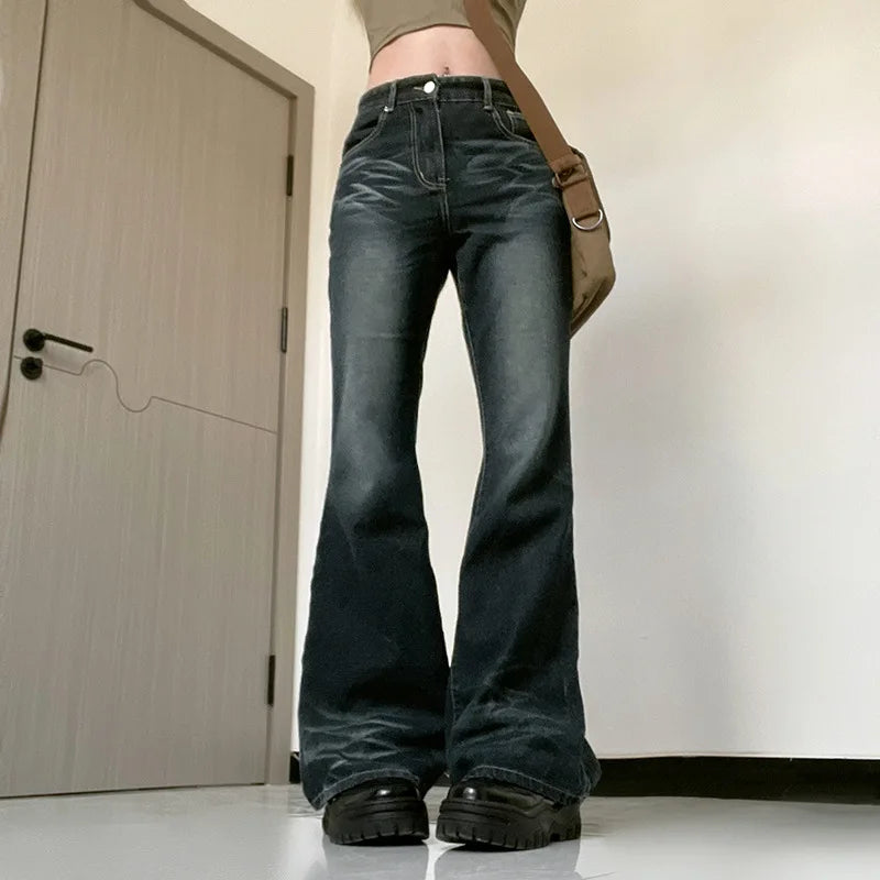 Blugi damă cu talie înaltă, croială largă și evazată – model Y2K, cu imprimeu, stil baggy, tiv evazat și material elastic, perfect pentru streetwear