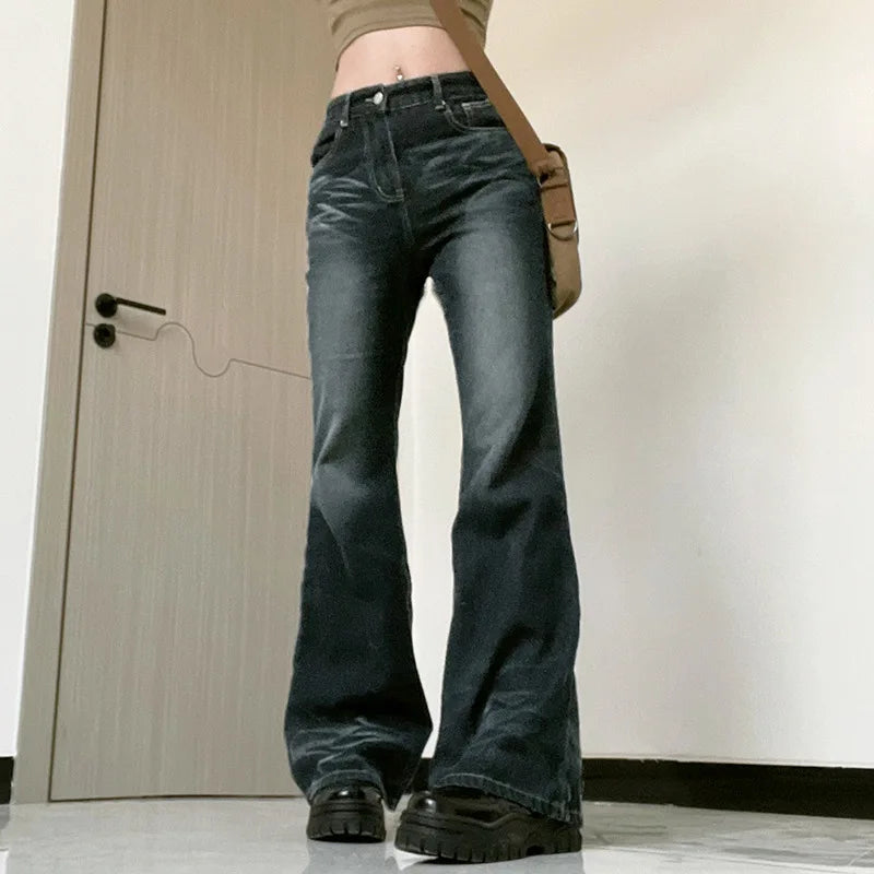 Blugi damă cu talie înaltă, croială largă și evazată – model Y2K, cu imprimeu, stil baggy, tiv evazat și material elastic, perfect pentru streetwear