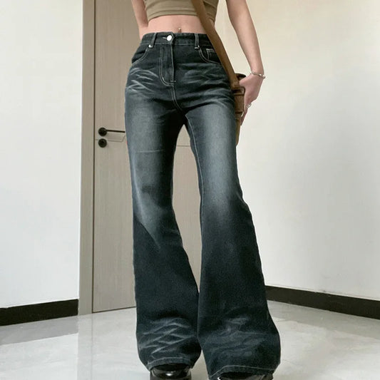 Blugi damă cu talie înaltă, croială largă și evazată – model Y2K, cu imprimeu, stil baggy, tiv evazat și material elastic, perfect pentru streetwear