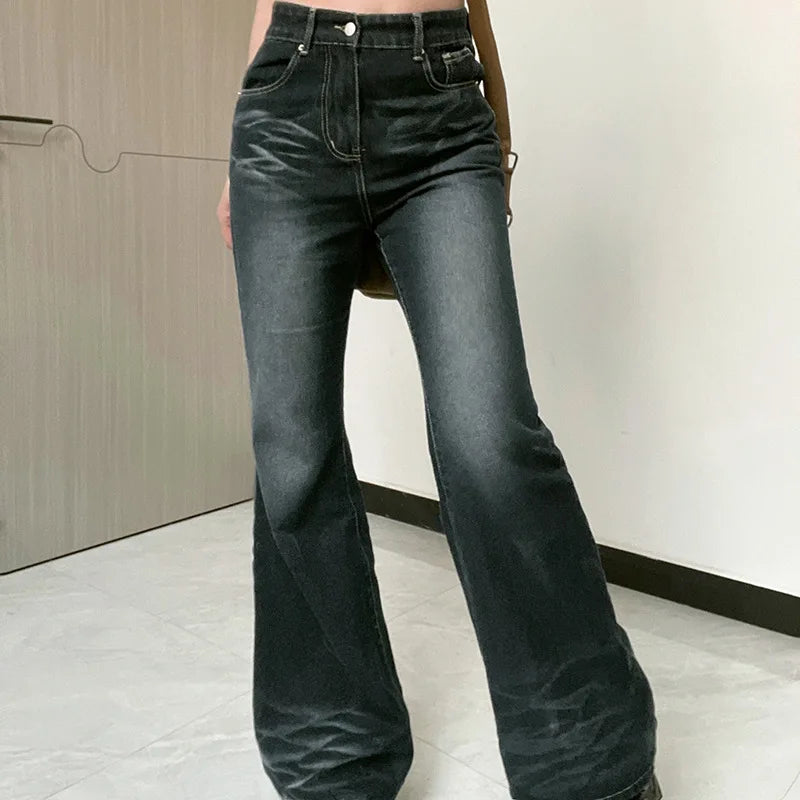Blugi damă cu talie înaltă, croială largă și evazată – model Y2K, cu imprimeu, stil baggy, tiv evazat și material elastic, perfect pentru streetwear