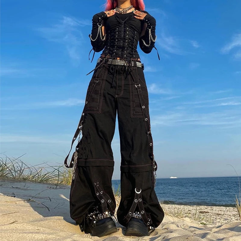 Pantaloni denim largi stil Punk Y2K, E-girl, Gothic, cargo, harajuku, talie înaltă, baggy, grunge cyber pentru femei